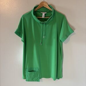 Joseph Ribkoff Green Tunic Top Slinky Cowl Neck Pocket Liquid Knit Sz 10